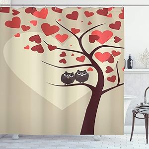 Ambesonne Owls Home Decor Collection, Owl Couples Sitting on Branch of Valentine Tree Valentine's Day Anniversary Image, Polyester Fabric Bathroom Shower Curtain, 84" Long Extra, Red Burgundy