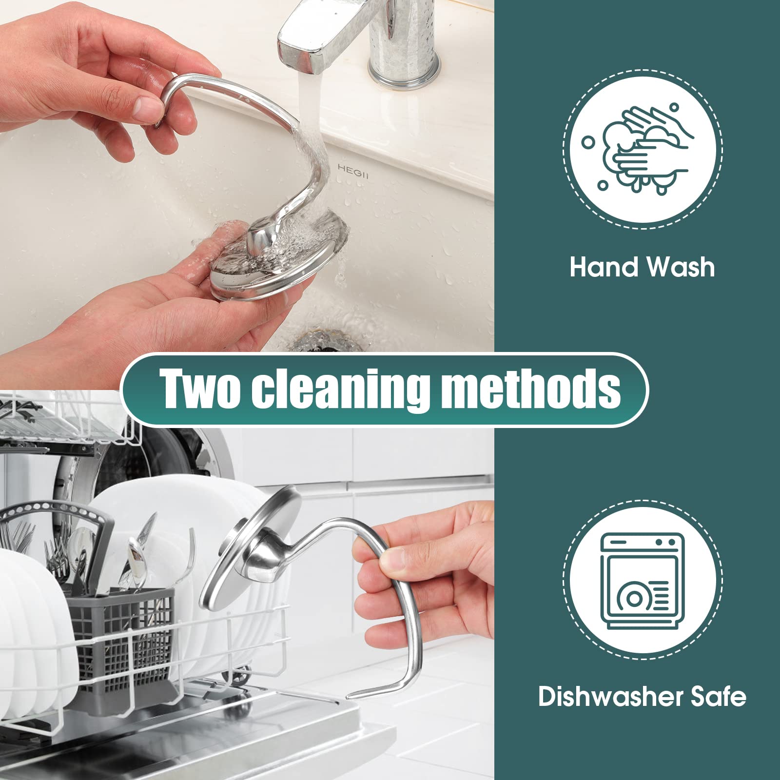 Stainless Steel Dough Hook K45DH Attachment for KitchenAid 4.5/5 Quart Tilt-Head Stand Mixer, Fit for Classic, Classic Plus and Artisan Serie K45SS, KSM75, KSM90, KSM95, KSM150, Dishwasher Safe