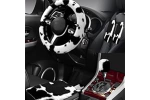 Wazzh 6PCS Set car Interior Aesthetic Accessories, Fluffy Cute Cows Steering Wheel Cover, armrest pad, seat Belt Cover,Gear Shift Cover, Fit Girly car