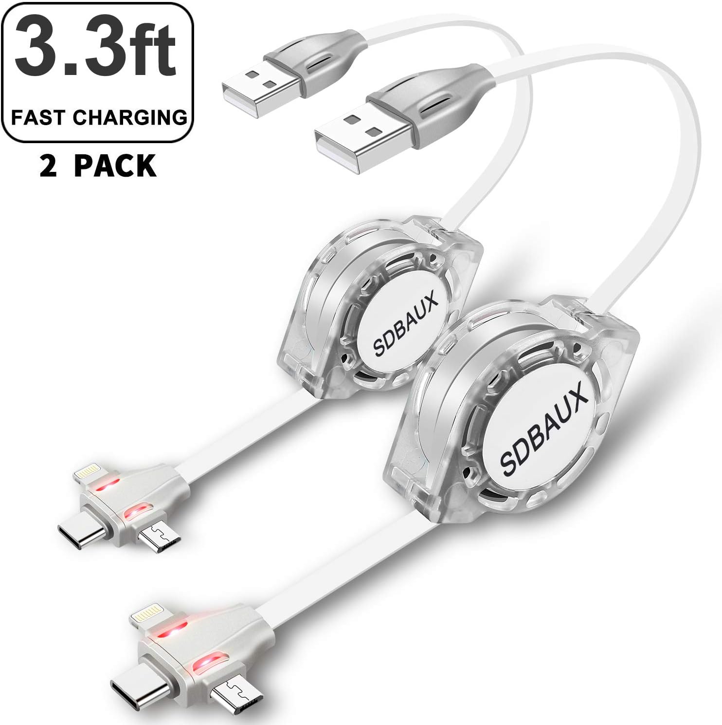SDBAUX Multi 3 in 1 USB Retractable Charger Cable 2Pack 3.3ft,Fast Charging Data Sync Transfer Cord with Eight Pin Type C Micro USB Port Compatible with Phone Samsung Galaxy Google Pixel LG Tablets