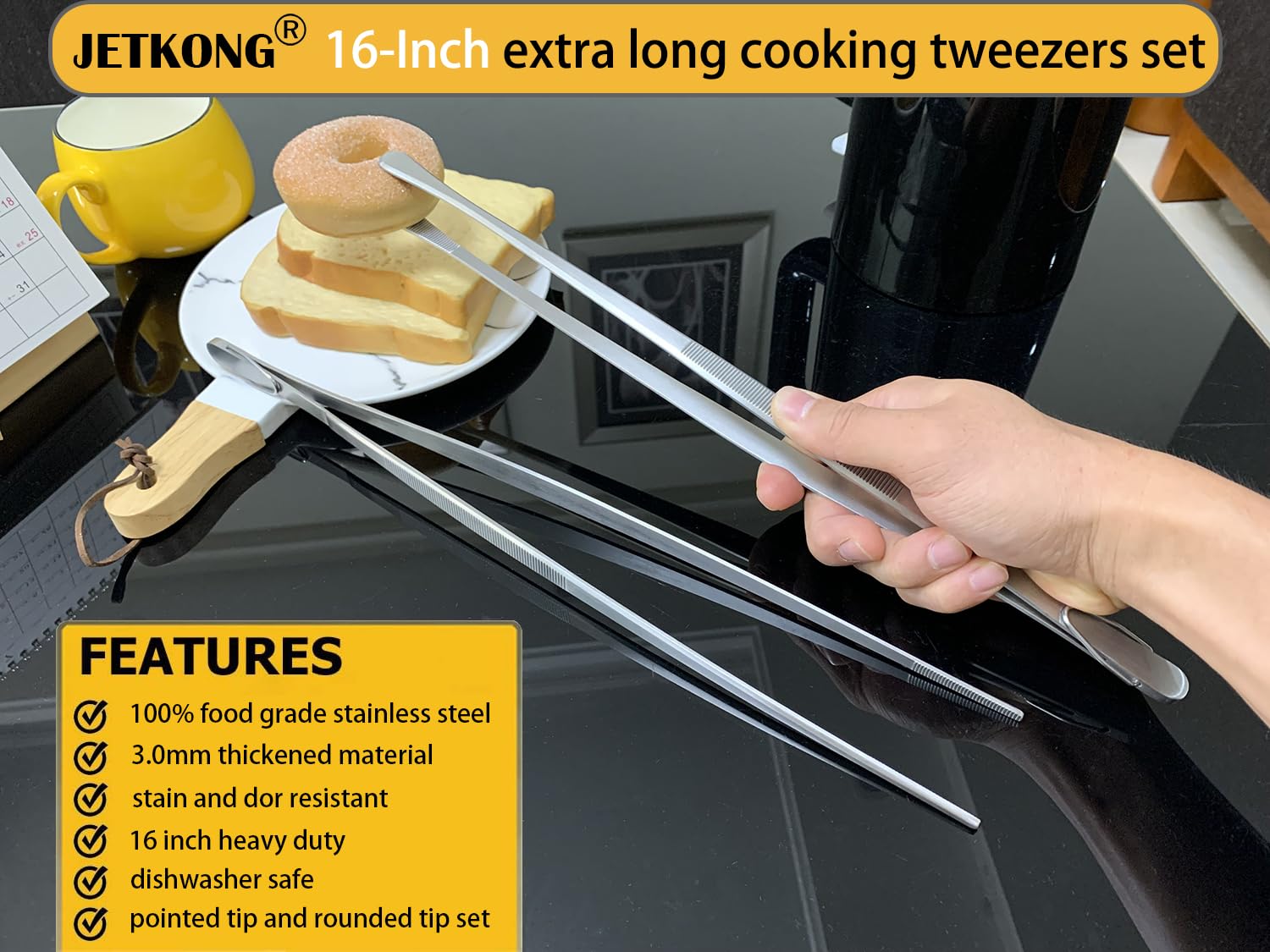 JETKONG 2 Pcs 16-Inch Kitchen Tweezers Extra Long Tweezer Tongs, Heavy Duty Stainless Steel Cooking Tweezers (Silver)