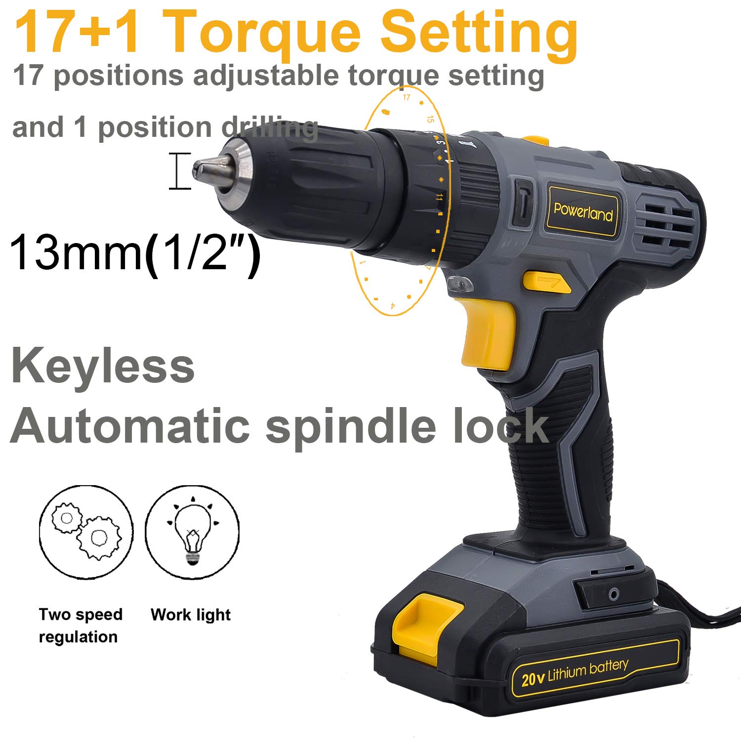 Prowerland D023 20V Batterie puissante d\'ion de Li de tournevis sans fil de conducteur de foret avec le chargeur (D023-N)