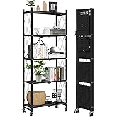 DEANIC 5-Shelf Folding Bookcase with Wheels, Rolling Bookshelf Heavy Duty Storage Shelves, Freestanding Metal Wire Shelving Unit for Living Room, Office, Kitchen, Basement, Pantry (Black)