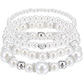 Yolev 4Pcs Pearl Bracelets for Women Stackable Stretch Bead Bracelets Elastic Pearl Bracelet for Bridesmaid Bridal Wedding