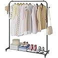 Boeeoan Garment Rack, Freestanding Simple Single Pole Clothes Rack With Wheels, Coat Rack, Multi-functional Rolling Clothing Storage With 2 Hooks for Bedroom, Living-room, Black