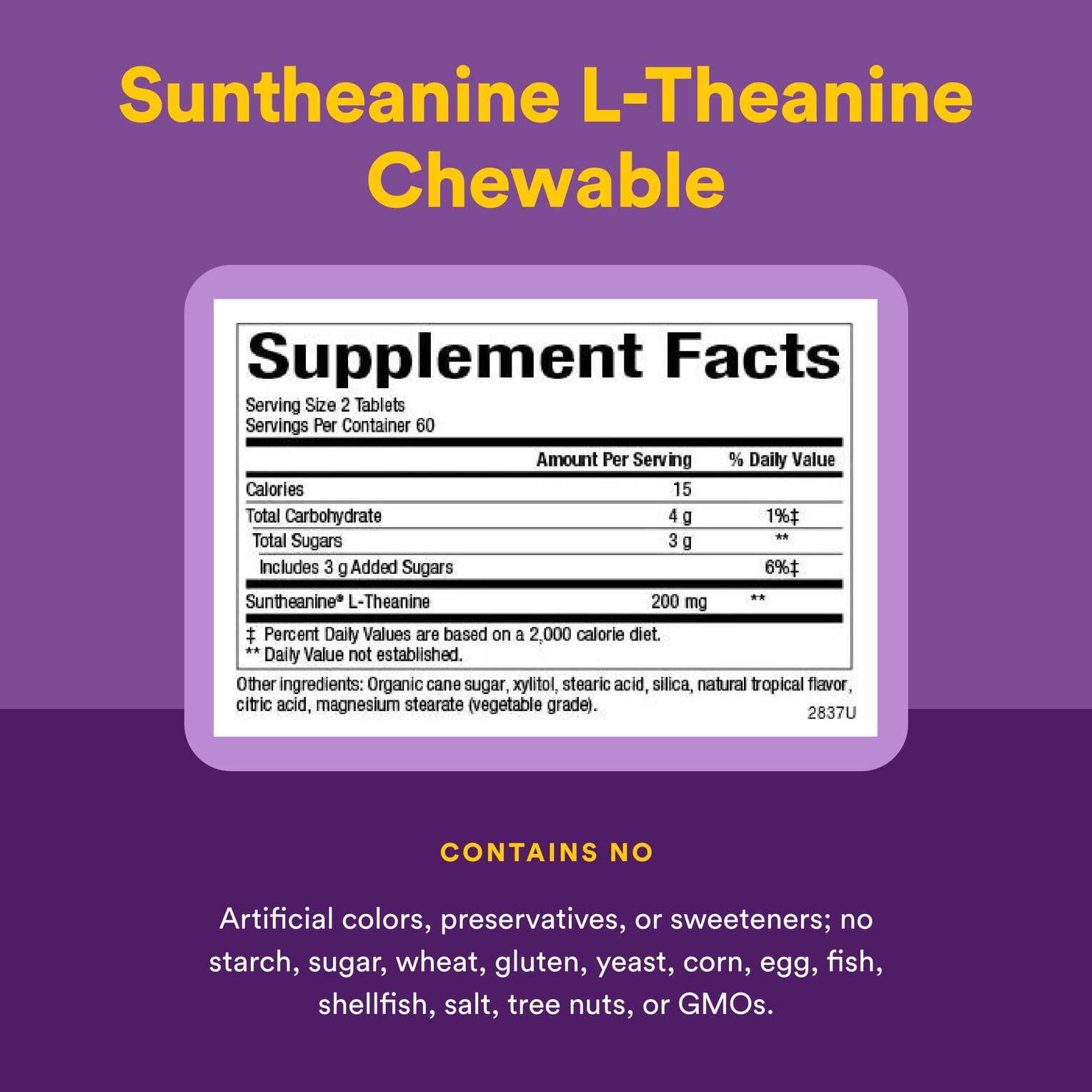 Natural Factors Stress-Relax Chewable Suntheanine L-Theanine 100 mg, Non-Drowsy Stress Support for Mental Calmness and Relaxation, Tropical Fruit Flavor, 60 Tablets