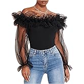 OYOANGLE Women's Ruffle Off Shoulder Blouse Mesh Puff Sleeve Party Tops Fitted Tee Shirt