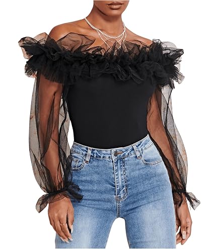 OYOANGLE Women's Long Sleeve Rib Knit Ruffle Off Shoulder Blouse