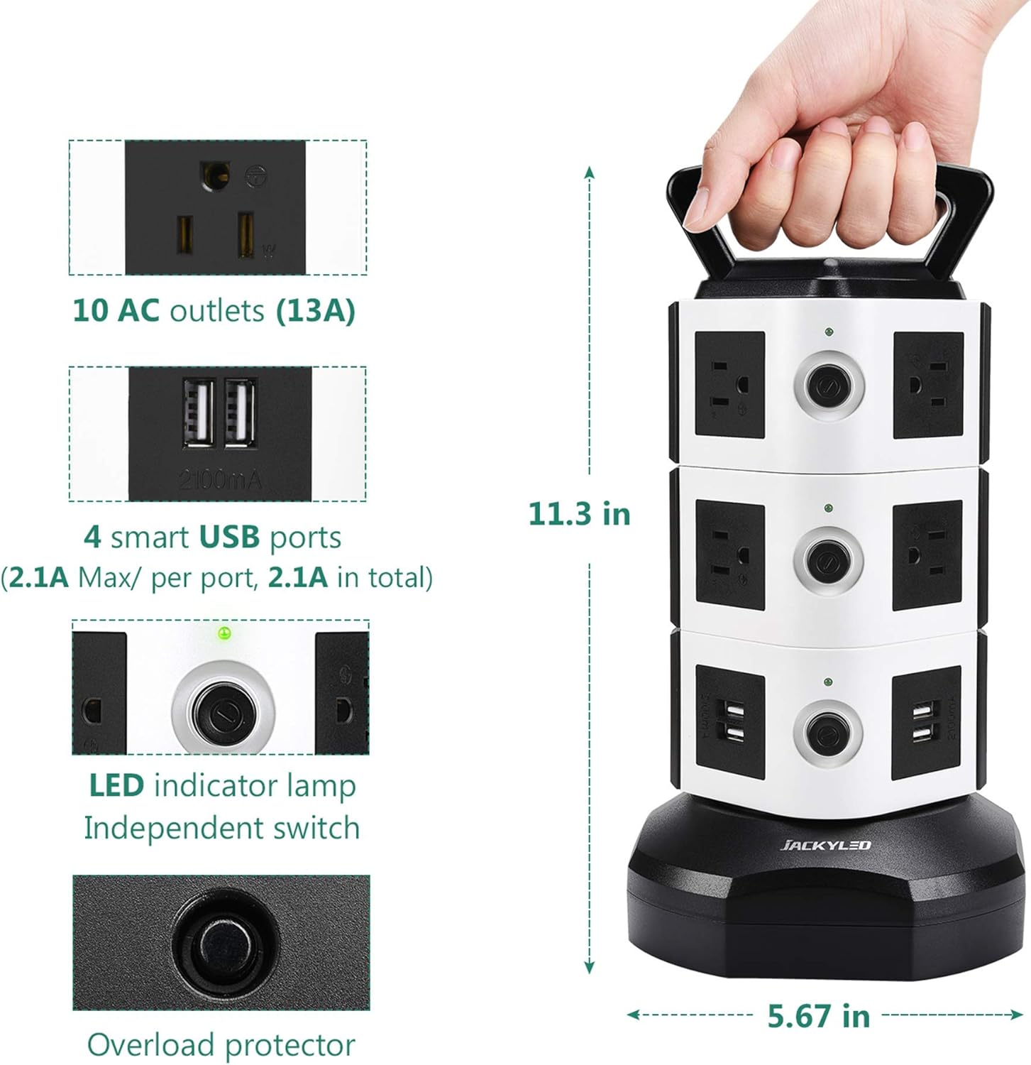 Power Strip Tower JACKYLED Surge Protector Electric Charging Station 3000W 13A 10 Outlets 4 USB Ports with 16AWG 6.5ft Heavy Duty Extension Cord for Home Office: Home Improvement