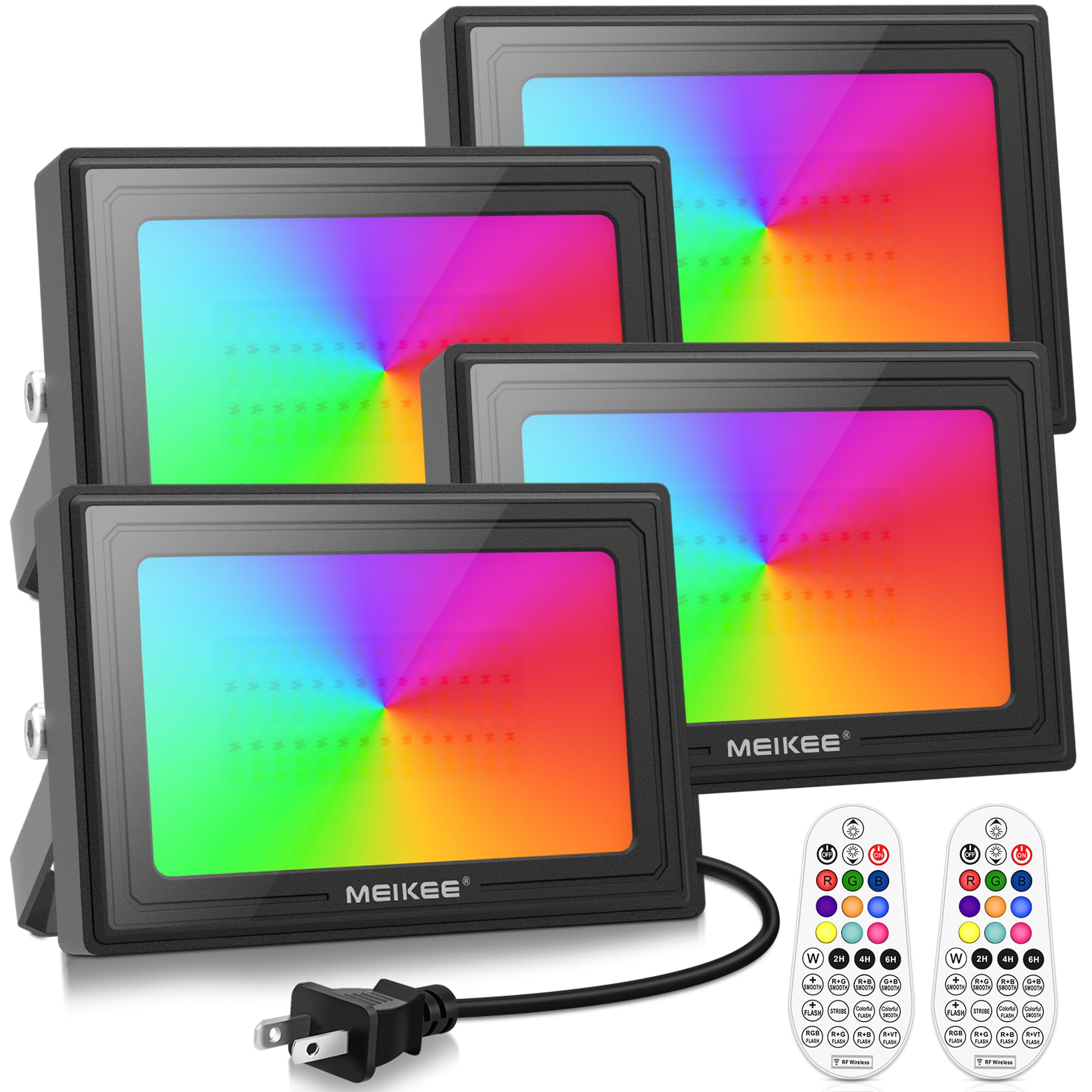 Photo 1 of MEIKEE 60W 6000LM RGBW Flood Lights, 600W Equivalent RGB Color Changing LED Floodlights, 6500K White Light Outdoor Lighting with Timing Memory for Christmas Decoration 4 Packs
