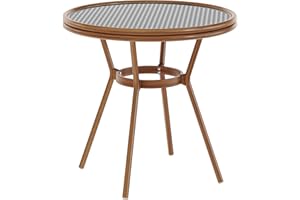 Flash Furniture Lourdes Indoor/Outdoor Commercial Bistro Table - Tempered Glass Top - PE Rattan - Natural Bamboo Print Aluminum Frame - 31.5" - Black/White