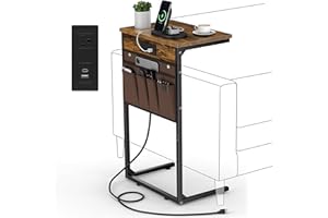 Vagusicc C Shaped End Table with Charging Station, 28" Tall Side Table for Couch, Small Slide Under Sofa Table with Storage Bag for Small Spaces, Snack Table TV Tray Table Arm Table for Living Room