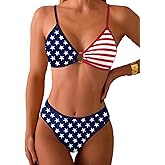 Fanuerg Women's Triangle Bikini Sets O Ring Linked Two Piece Swimsuits Color Block Cheeky Bathing Suit Star Stripe L