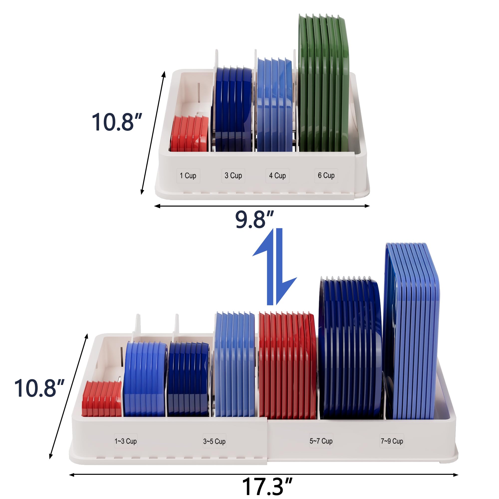 SWOMMOLY Expandable Food Storage Container Lid Organizer, Includes 6 Adjustable Dividers, 30 Preprinted and Blank Writable Labels, White