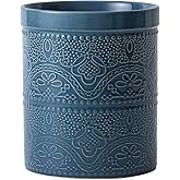 Fun Elements Kitchen Utensil Holder, 7.2" Super Large Utensil Crock Heavy and Stable Lace Emboss Ceramic Utensil Holder for Kitchen Counter (Grayish Blue)