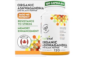 PlantVital Organic Ashwagandha Supplement with Black Pepper - Made in Canada - 2,600mg per day - Ashwagandha Capsules for Str