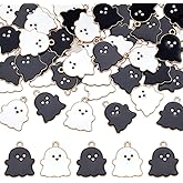CRAFTYMELODY 50Pcs Halloween Ghost Charms 2 Color Skull Halloween Pendant Black White 22x18x1.5mm Pendant Bulk for Jewelry Making Supplies Dangle Earring Bracelets Necklace DIY Craft