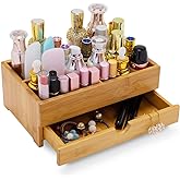 GOBAM Bamboo Makeup Organizer and Storage with Drawer, Wooden Cosmetic Organizer Countertop for Bathroom, Bedroom, Kitchen & Dresser, Desk Organizer with Drawers and Make up Vanity Station - Medium