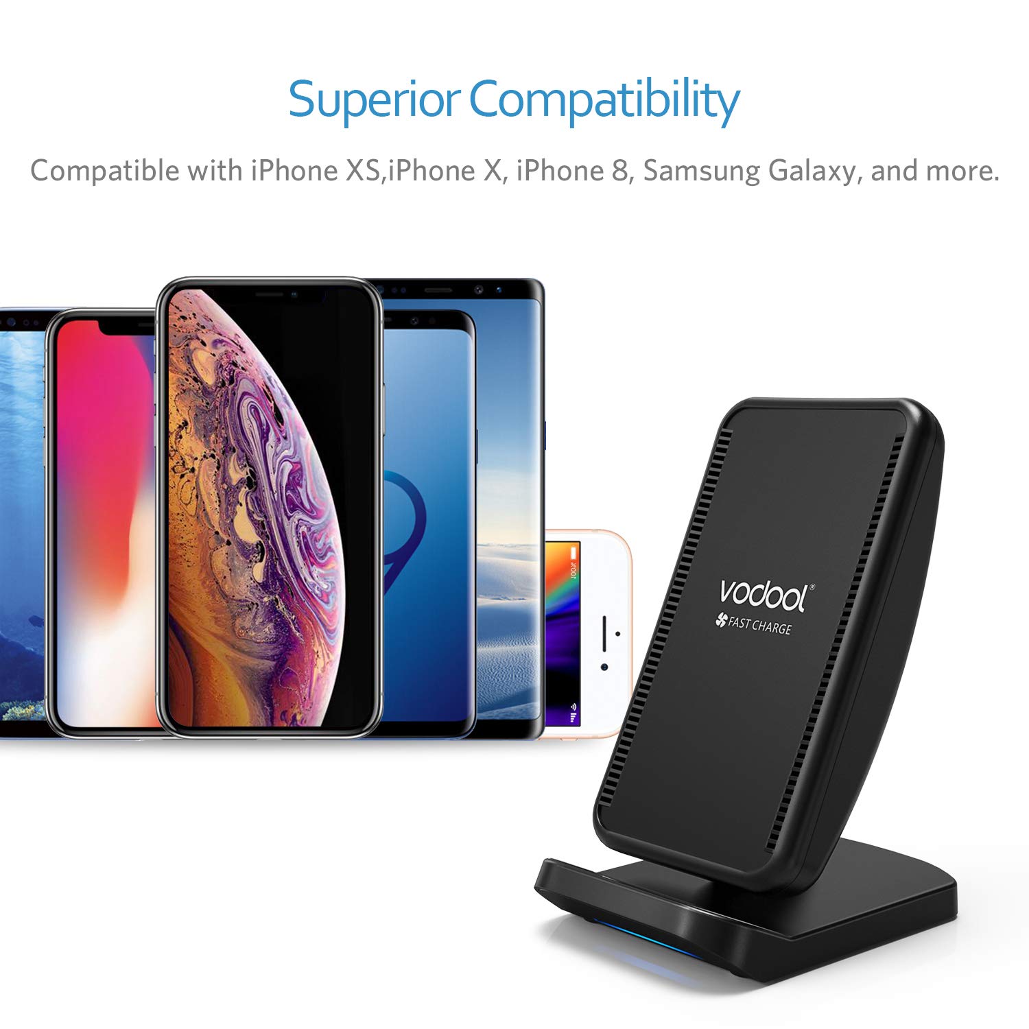 Wireless Charger, Vodool Qi-Certified 10W Fast Wireless Charging Pad Stand Compatible iPhone X, iPhone 8/8 Plus, Samsung Galaxy S9 / S9+ / S8 / S8+ / S7 / Note 8 and More (No AC Adapter)