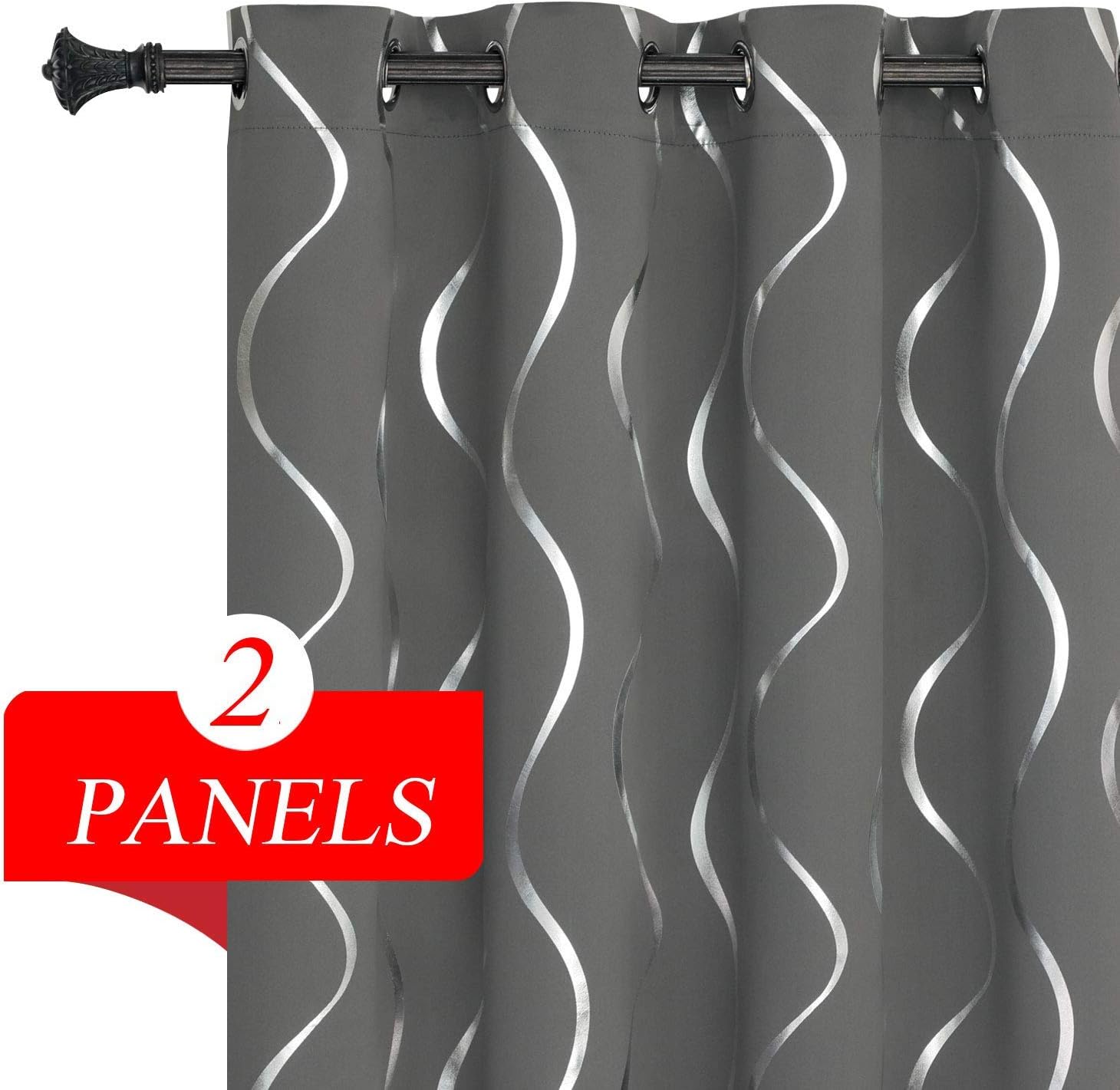 Estelar Textiler Grey Blackout Curtains Silver Wave Line Pattern 63 Inch Curtains Grommet Light Blocking Noise Reducing Curtains for Bedroom 52W x 63L, Set of 2 Panels