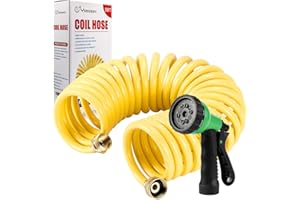 Yereen Coil Garden Hose 50FT, EVA Recoil Garden Hose, Self-coiling Water Hose with 3/4" Connector Fittings with 8 Function Spray Nozzle, Creamy Yellow