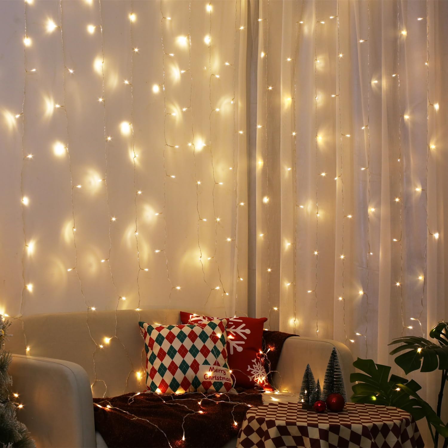 Marco Paul 300 Warm White LED String Curtain Light with 10 Strands USB 3m Hanging Net Lighting Home Party Christmas Waterfall Hanging Plug in String Lights Waterproof Window Lights