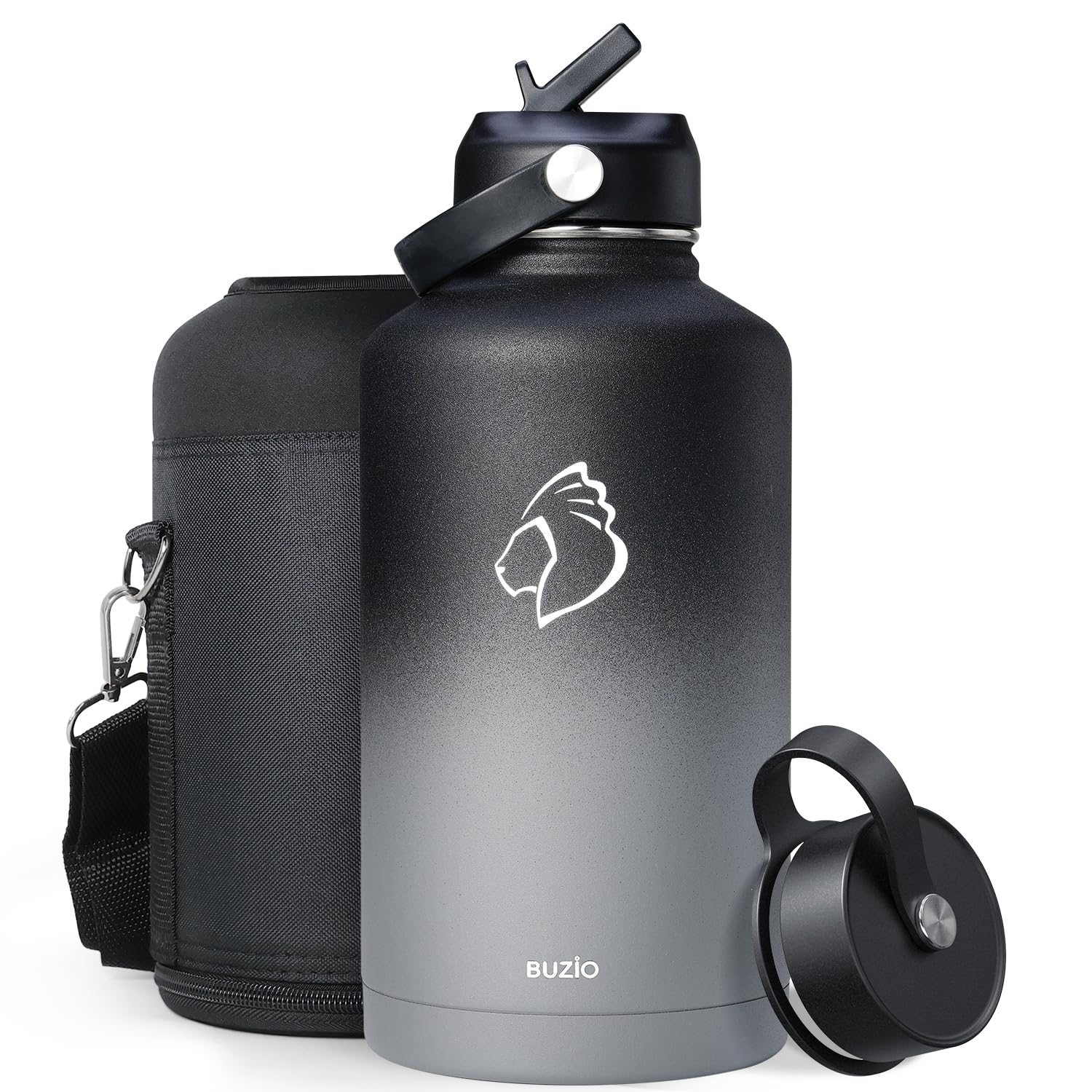 Stainless Steel Water Bottle 2L, BUZIO Insulated Water Bottle with Straw Lid and Flex Cap Cold for 48 Hrs, Hot for 24 Hrs Double Wall Wide Mouth BPA Free Leak Proof, Black&Grey