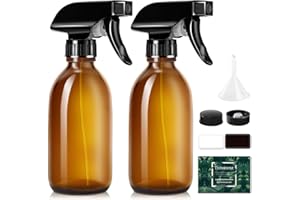 Tecohouse Glass Spray Bottles 8oz, Amber Hair Spray Bottles, 2 Pack Empty Refillable Sprayer Container with Labels, Funnel, Lids, Graduated Pipettes - Handheld Size