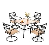 PHI VILLA 5 Pieces Outdoor Dining Set for 4, 37” Square Wrought Iron Table with Ploywood Tabletop & Swivel Metal Steel Chairs with Cushions, Outside Furniture Set for Patio, Porch, Deck, Backyard