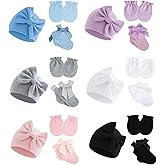 MKYSZLT 6 Pack Preemie Hats Mittens and Socks Set,Newborn Cotton Bow Caps and No Scratch Preemie Mittens Socks for Infant Baby Girl New Born 0-6 Months