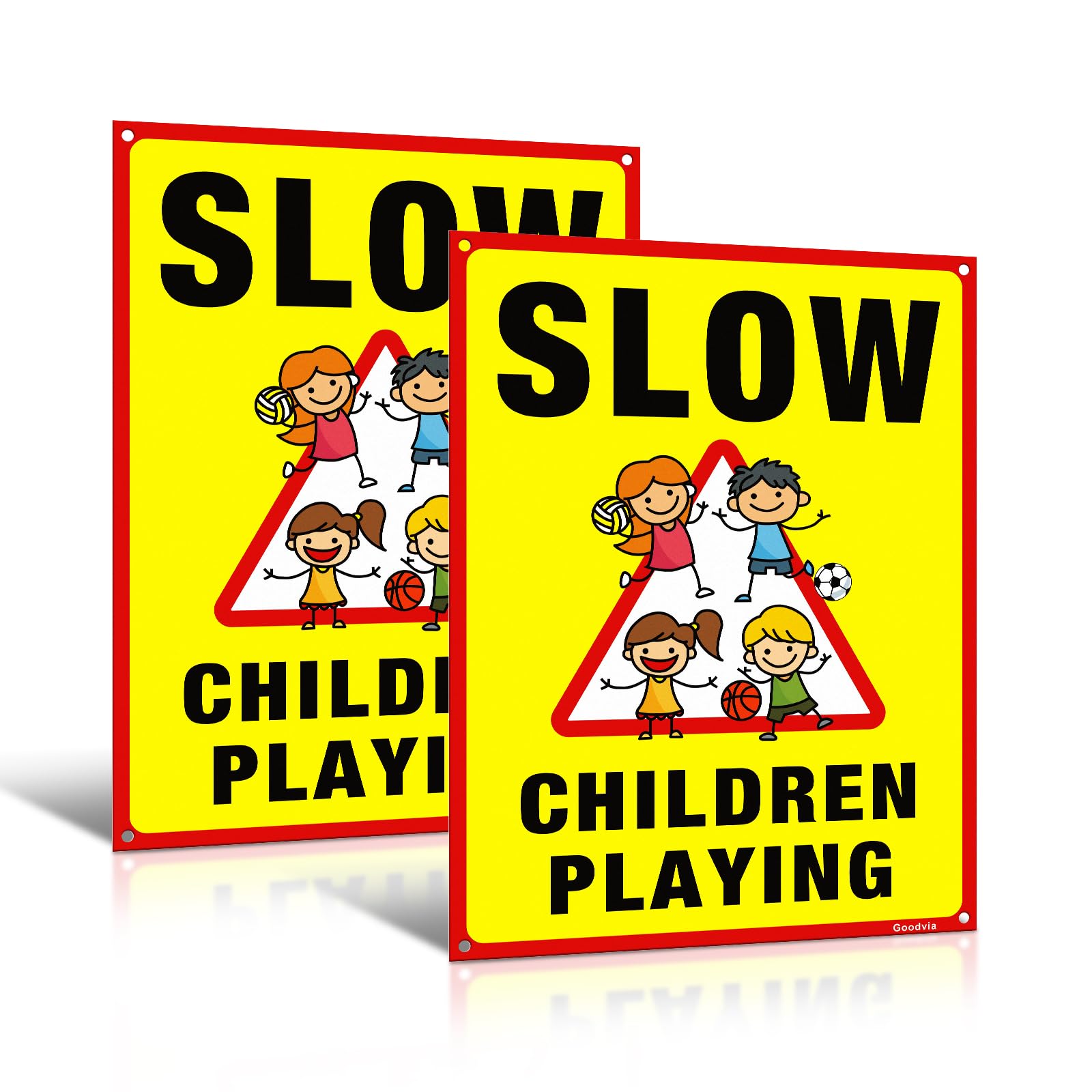 Goodvia Slow Children Playing Safety Sign PVC 30x40cm, Kid-Friendly Warning Sign for Residential Areas & Playgrounds Bright Yellow x2