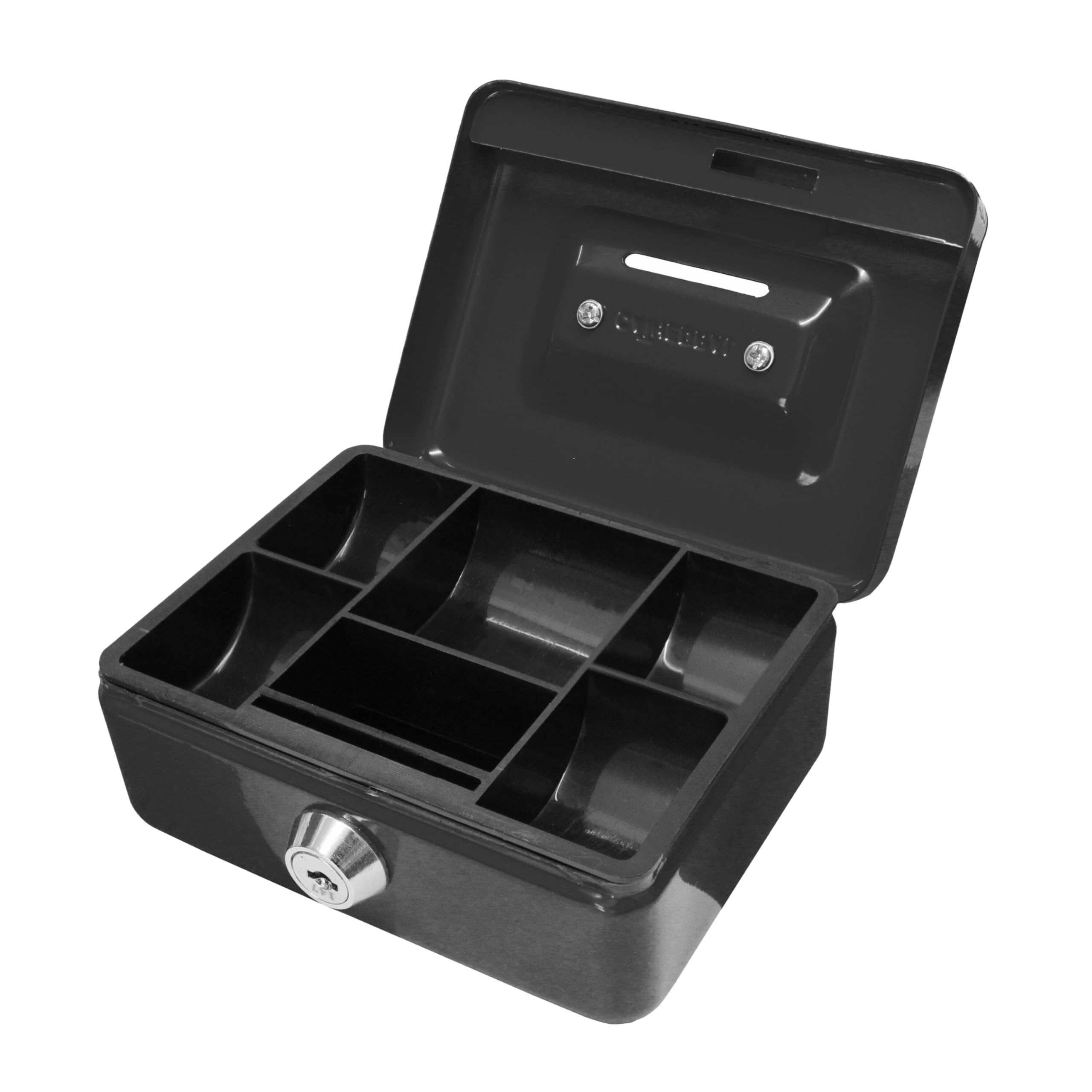Cathedral Products Key Lockable Cash Box with Lift Out 6 Compartment Coin Tray - 4 Inch - Black