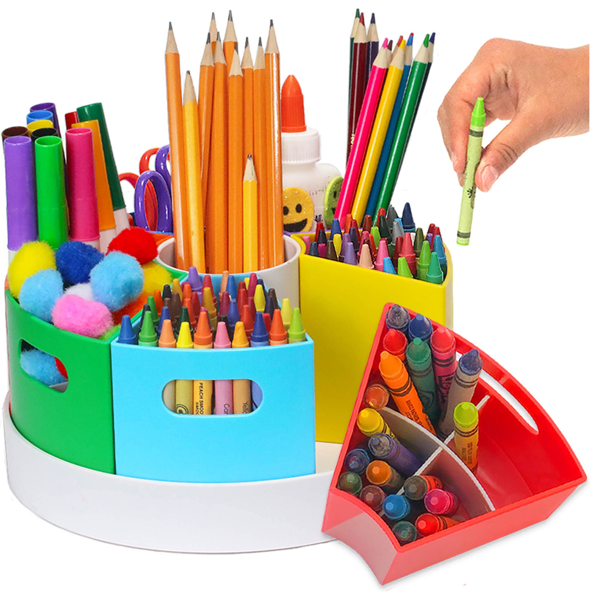 PUZZLE EZ Kids Crayon Organizer and Storage - Lazy Susan School Art Supplies Caddy for Classroom | Rotating Kids Desk Organizer | Pencil Marker Stationary Holder for Teachers & Students