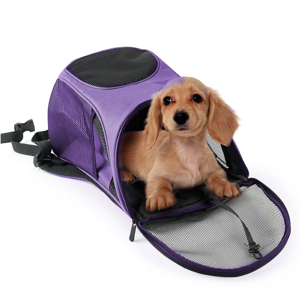 Multi-use Breathable Pet Backpack Cats and Dogs Pet bag Carrier Portable Mesh Pup Travel Dog House Airline Approved Hold Pet up to 10 lb (Purple)