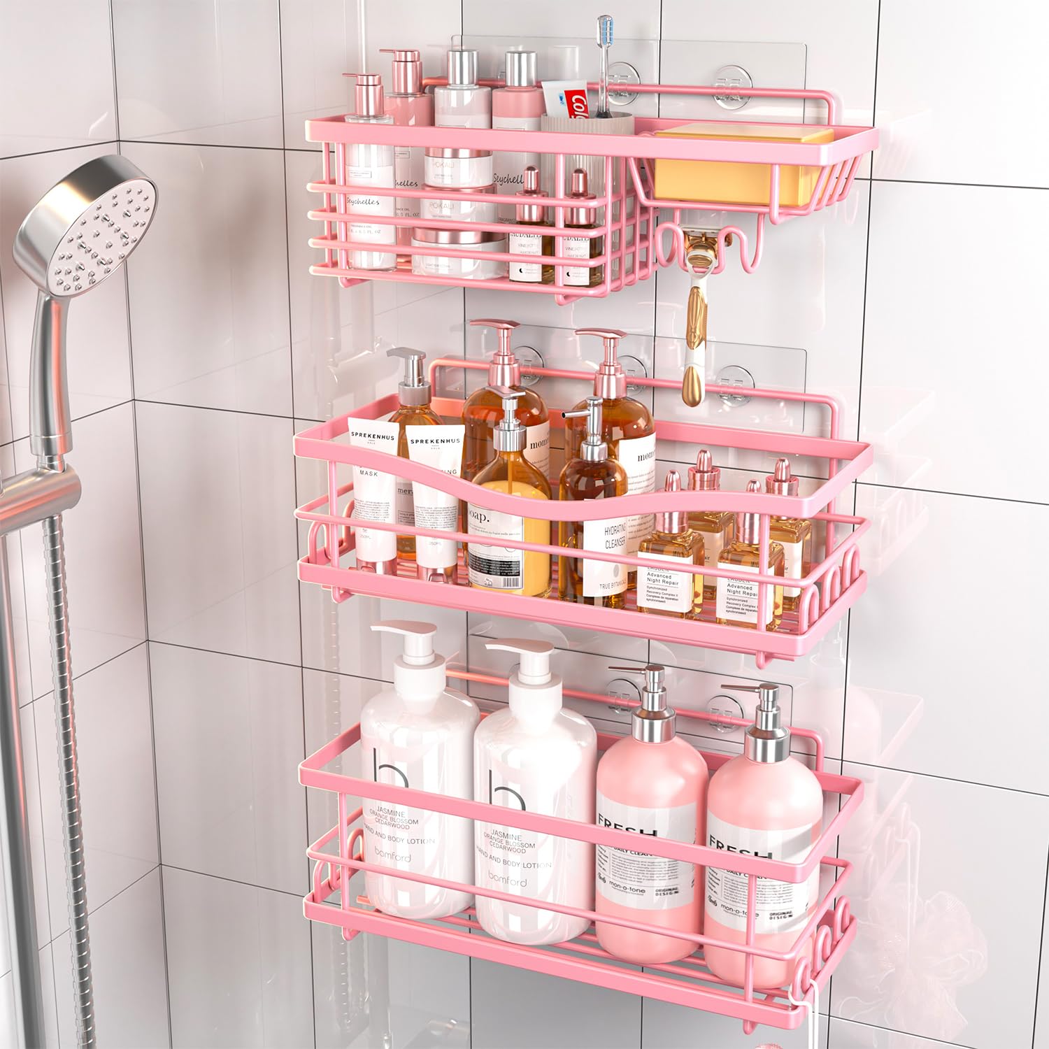 Youvip Adhesive Shower Caddy-Rustproof, No Drilling Pink Shower Shelves for Bathroom - Large Capacity with Soap Holder, Pink Bathroom Decor