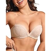 Upushall Push Up Strapless Bra with Clear Straps Covertible Plunge Lace Padded Add 2 Cups Low Cut Underwire Bras for Women