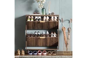 QIVOMIX Shoe Cabinet Storage,Modern Freestanding Organizer with 2 Flip Drawers,Narrow Shoe Rack Cabinet for Entryway,Walnut