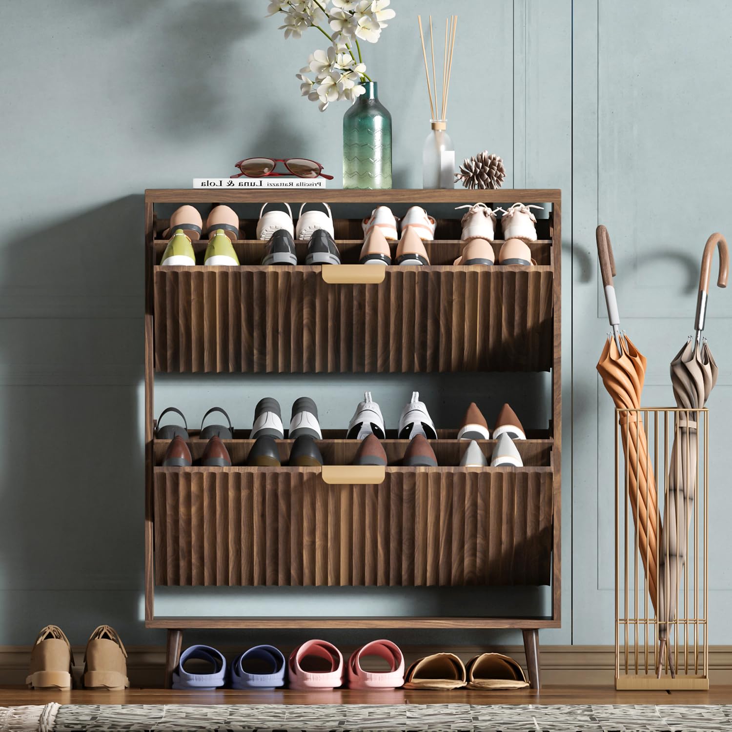 QIVOMIX Shoe Cabinet Storage,Modern Freestanding Organizer with 2 Flip Drawers,Narrow Shoe Rack Cabinet for Entryway,Walnut