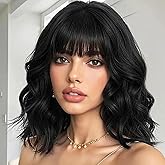 BATISI Black Wavy Bob Wig with Bangs for Women Soft Short Shoulder Length Synthetic Curly Wig for Daily Cosplay Costumes