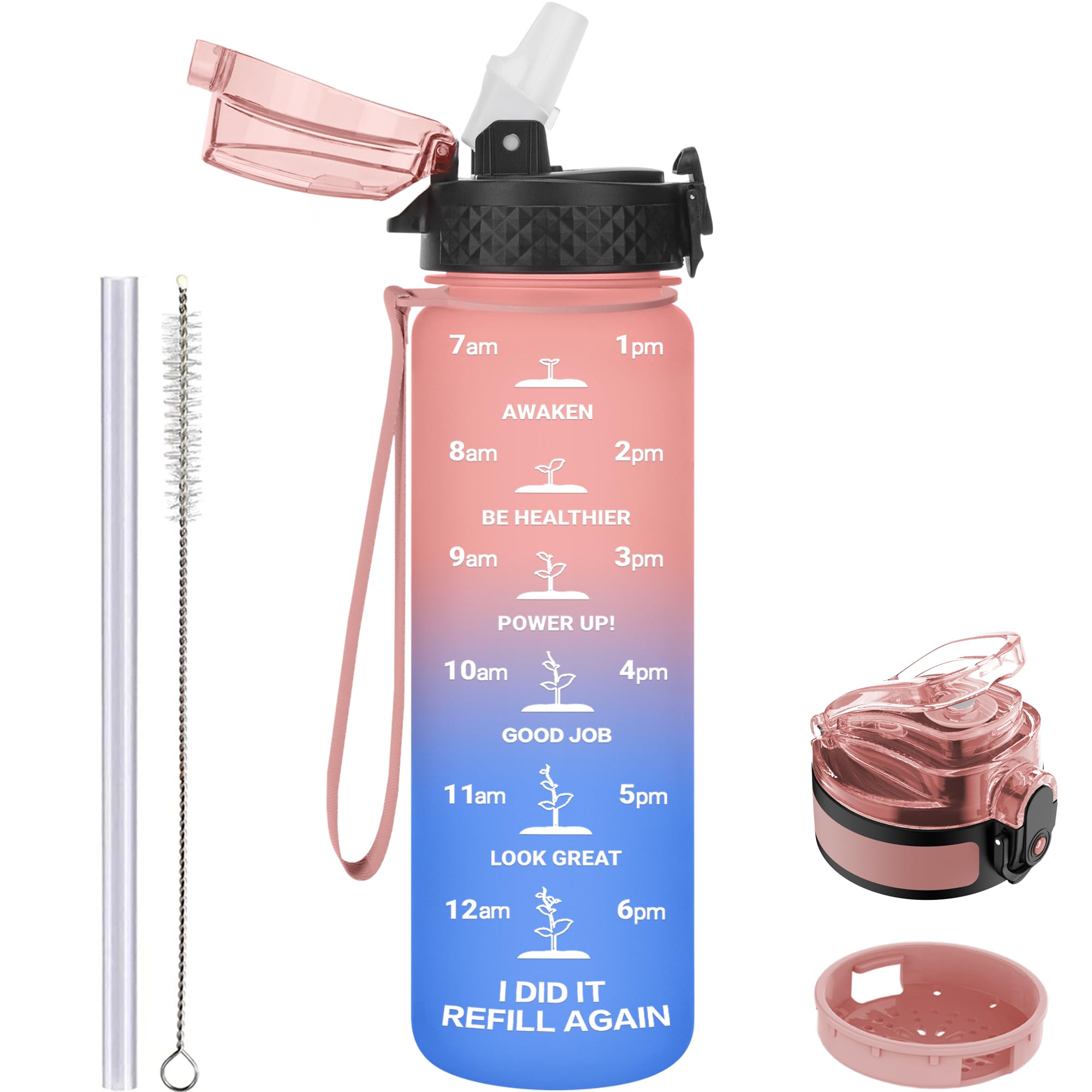 GOPPUS 500ml/17oz Kids Water Bottles with Straw Tritan Childrens Bottle with Flip Top Lid BPA Free Measured Drinks Bottle with Strap Sports Reusable Time Markings Leakproof (Pink Blue)