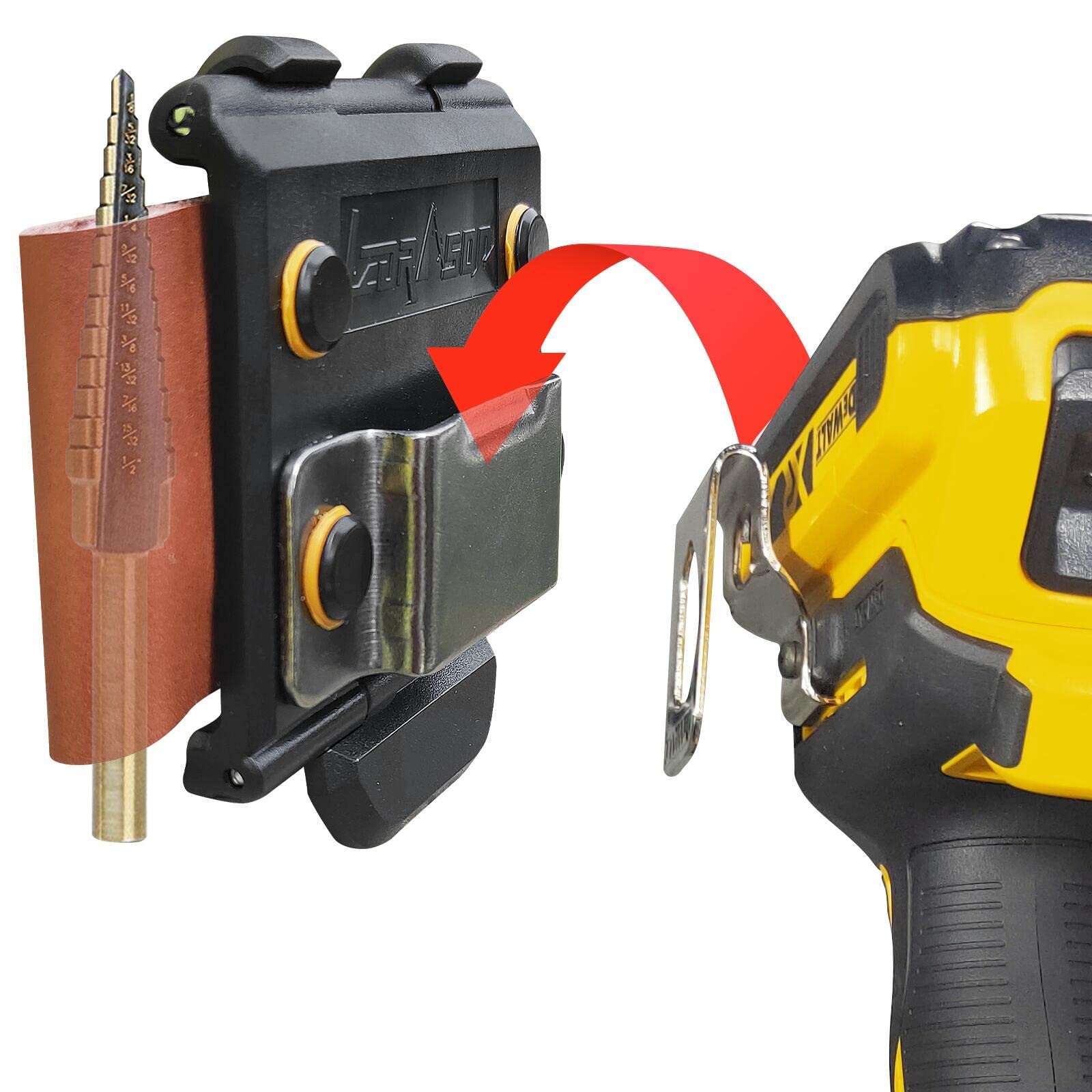 Photo 1 of Tactical Drill Holster for Tool Belt, Measuring Tape Holder, Tape Measure Holder for Belt, Drill Holster with Leather Knife Pen Holder, Not Include Dill or Measure Tape.
