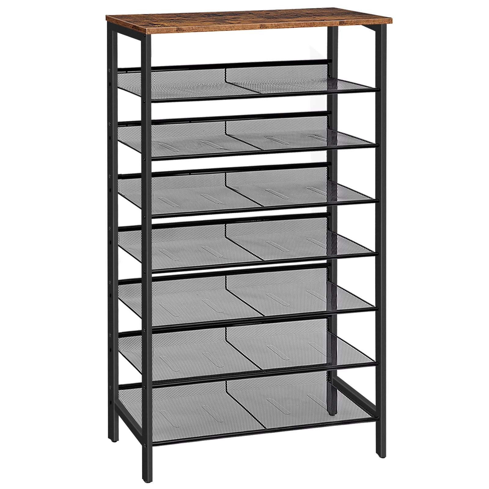 HOOBRO Shoe Rack, Large Capacity Shoe Storage, Tall Shelf for 21-28 Pairs of Shoes, Shoe Organizers Storage Unit with Flat or Slant Adjustable Metal Shelves, Rustic Brown EBF18XJ01