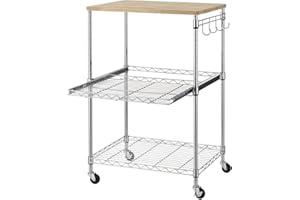 Finnhomy 3-Tier Rolling Kitchen Cart, Microwave Cart with Oak Wood Tabletop and Drawer Slider, Coffee Cart & Food Service Cart with Hooks, Chrome