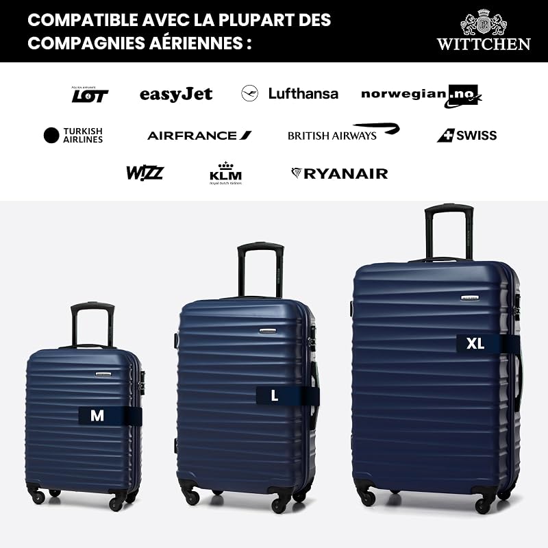 Valise de Voyage Set de 4 valises Valise à roulettes Bagages à Main ABS 4 roulettes pivotantes Serrure à Combinaison Poignée télescopique Groove Line Bleu Marine Air France/Easyjet
