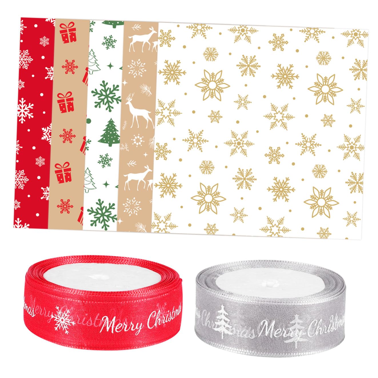 HEMOTON 50pcs Christmas Wrapping Paper Ribbons Assorted Xmas Wrapping Paper for Christmas Packing and Party Supplies