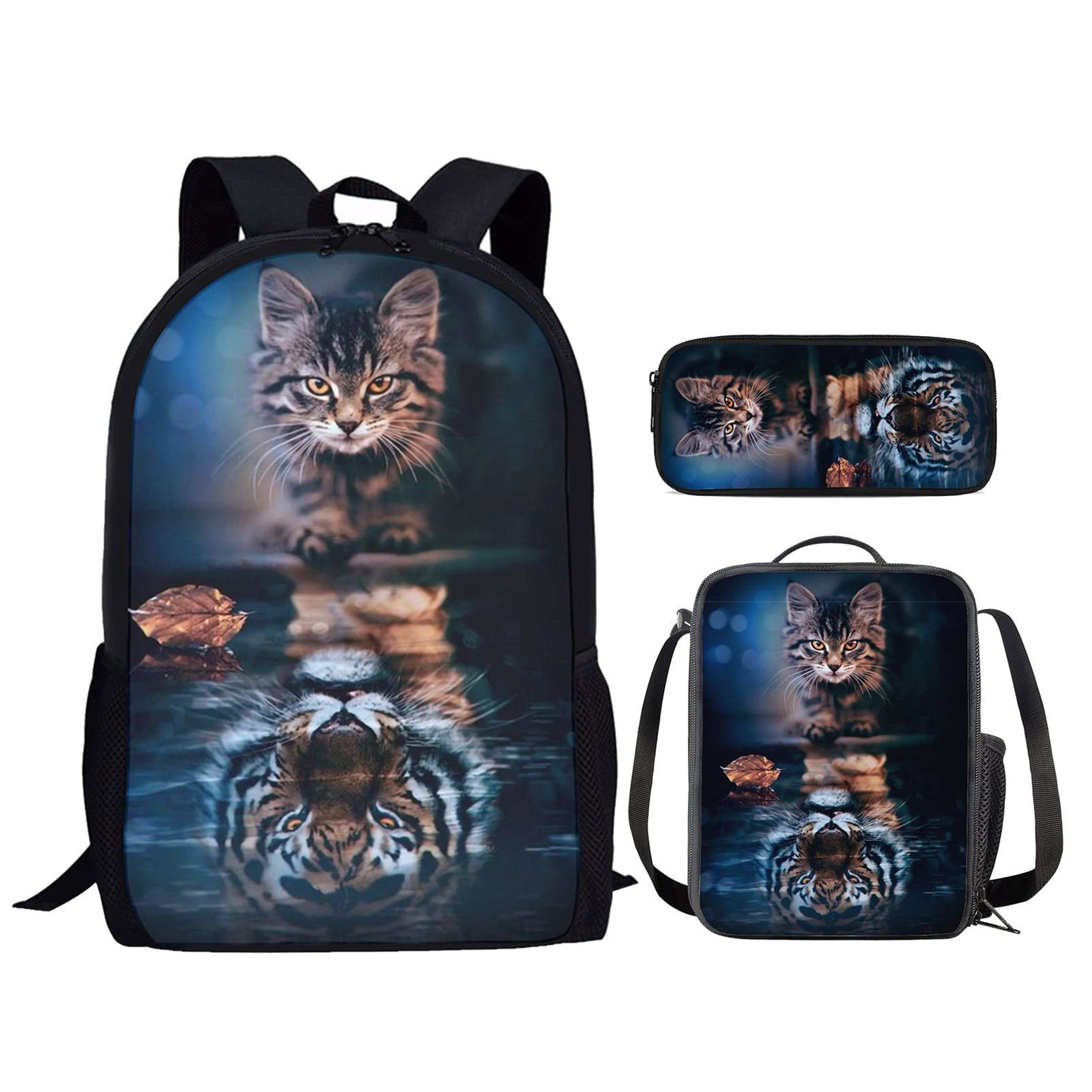 HUIACONG Elementary Kids Rucksack Girls School Bags for 10 Year Olds, Cool Cat Tiger School Bags Boys Kids Backpack Set with Lunch Box for School Pencil Case