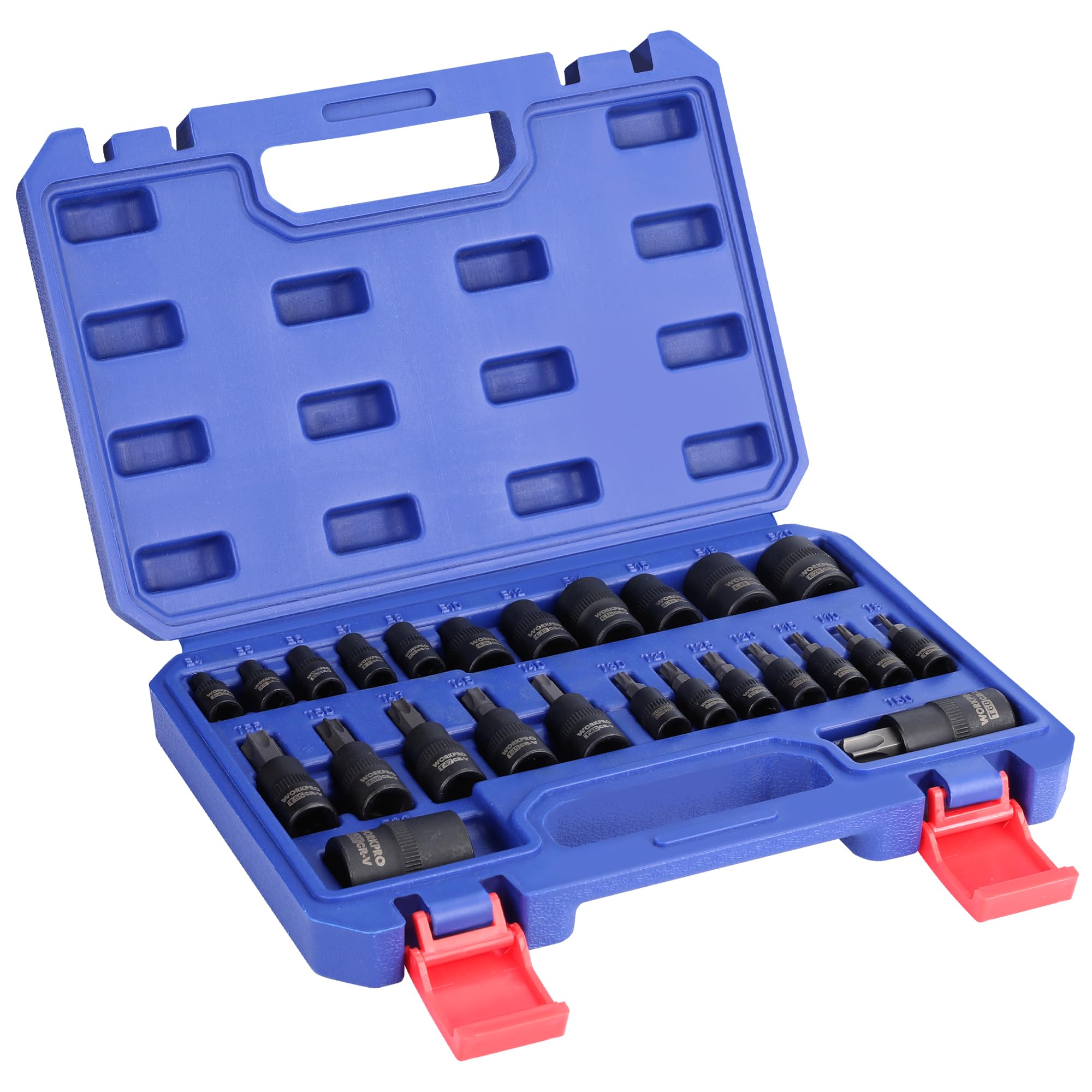 WORKPRO 25-Piece Torx Bit & External E Socket Set, 1/4" 3/8" 1/2" Drive, Cr-V Steel with Durable Storage Case
