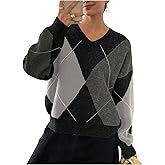 SOLY HUX Plaid Sweaters for Women V Neck Drop Shoulder Long Sleeve Color Block Pullover Sweater Tops