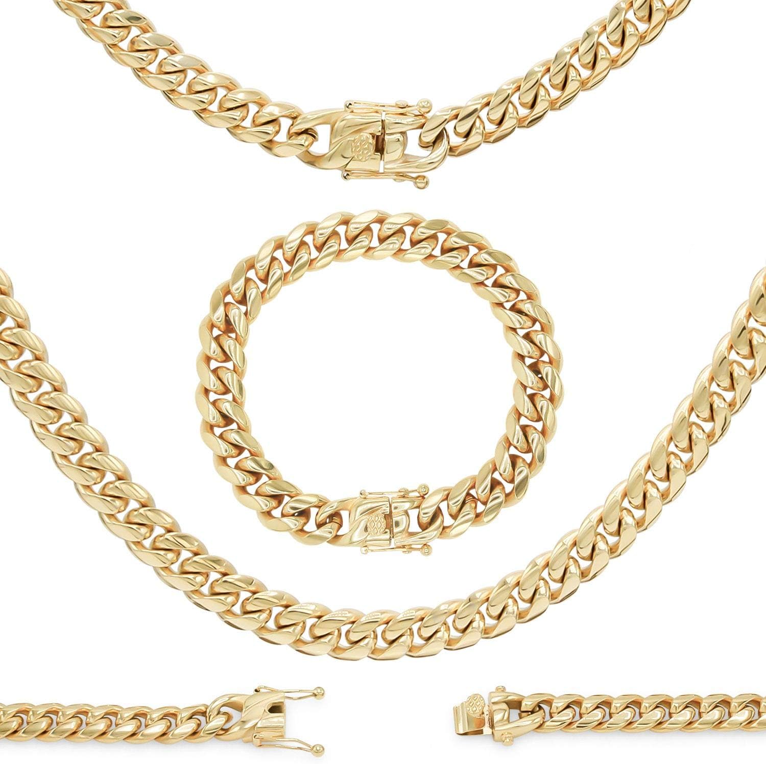 BEBERLINI Cuban Link Chain 14K Gold Plated Curb Necklace 30" Bracelet 9.5" Stainless Steel Fashion Jewelry for Men 6 mm - 18 mm