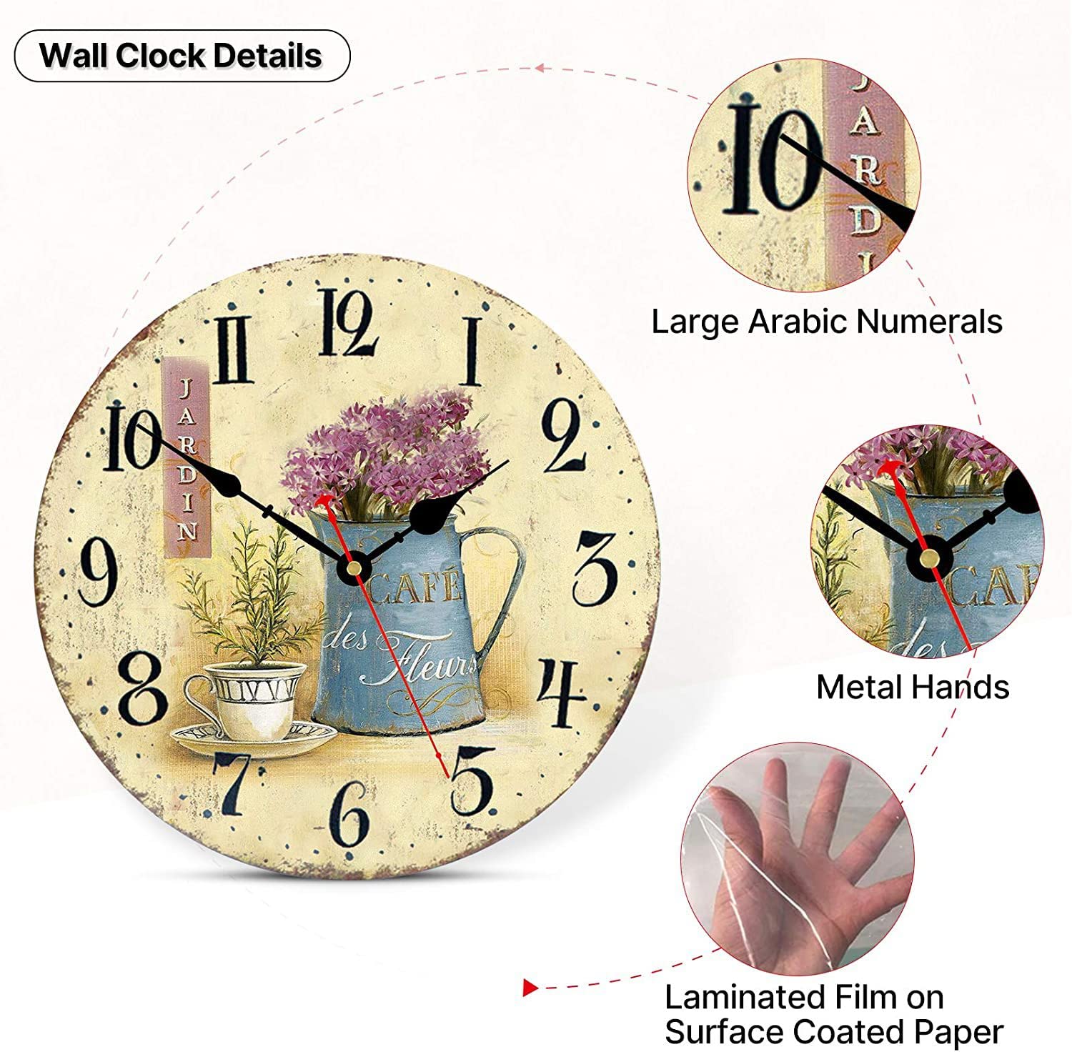 Toudorp Stille Wood Wanduhr 20CM Französisch Vintage Floral Batterie Rosen 4
